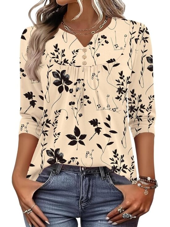 Tops - Women's Apricot Black Long Sleeve V Neck Casual Henley Blouses Tops T Shirt